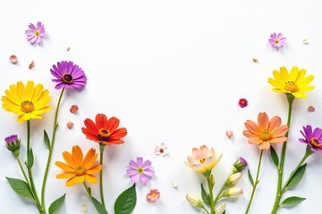 Wall Mural - Delicate, scattered wildflowers on white background, vintage, romantic, flower