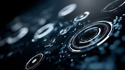 Poster - Futuristic Digital Interface Showcasing Glowing Blue Circular Elements and Interconnected Data Nodes in a Cyber Network Aesthetic