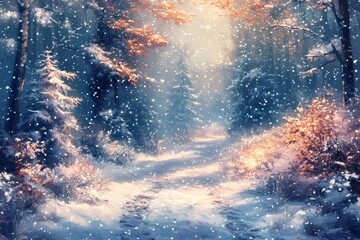 Wall Mural - snow falling on path through snowy winter forest