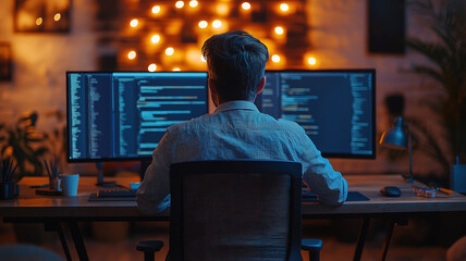 Brunet software engineer managing development tasks from tech station rear view
