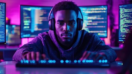 Wall Mural - Focused programmer at work with headphones on, typing on a keyboard surrounded by multiple computer screens