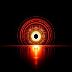 Poster - Abstract Glowing Rings with Reflection, Dark Background, Modern Art, Fiery Hues, Circular Light