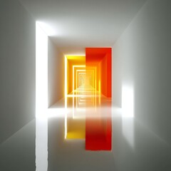 Poster - Illuminated Passage: A Perspective View of an Endless, Colorful Corridor with Reflective Surface and Abstract Design.