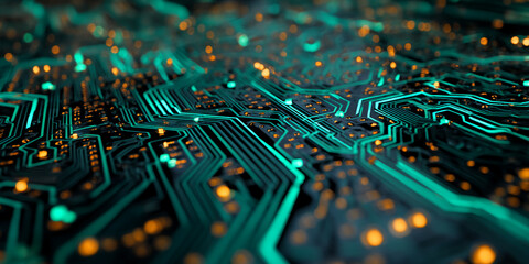 Close-up of teal and orange circuit board texture, showcasing intricate pathways and connections, symbolizing technology, innovation, and digital networks