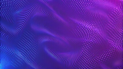 Leinwandbilder - Bright wavy background. Glowing dots and lines. Neon light. Wave element for design. Smooth particle waves. Dynamic techno wallpaper. Violet and blue colors. Futuristic abstract digital landscape