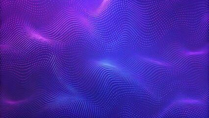 Aufkleber - Bright wavy background. Glowing dots and lines. Neon light. Wave element for design. Smooth particle waves. Dynamic techno wallpaper. Violet and blue colors. Futuristic abstract digital landscape
