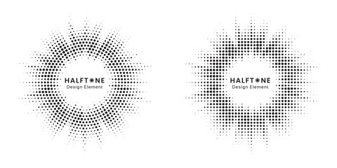 Aufkleber - Halftone circle frame background set. Round border Icon using halftone random circle. Grunge circular stain. Vector illustration.