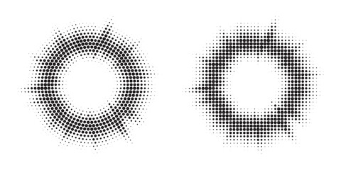 Aufkleber - Halftone circle frame background set. Round border Icon using halftone random circle. Grunge circular stain. Vector illustration.