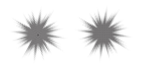 Poster - Halftone circle frame background set. Round border Icon using halftone random circle. Burst Halftone light effect. Glowing light burst. abstract grunge halftone dots background. Vector illustration.	