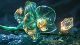 A luminous emerald crystal orchid with elegant curves, glowing with an inner light on a bed of ice.
