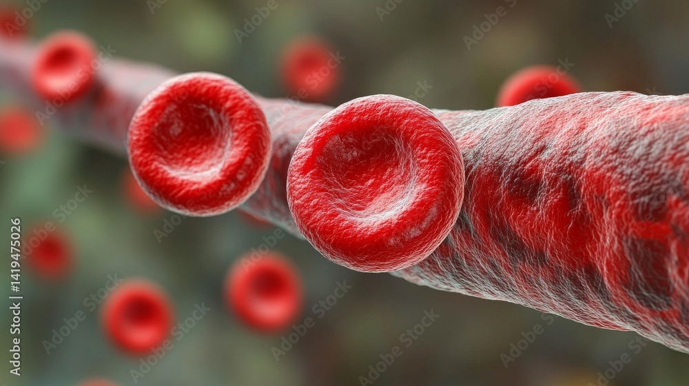 3D illustration of red blood cells flowing in a vein through a blood ...