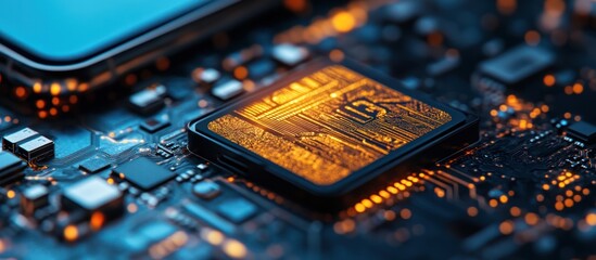 Wall Mural - close-up of cpu on circuit board, glowing circuits, technology background