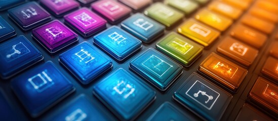 Wall Mural - colorful app icons on a keyboard; software, technology background