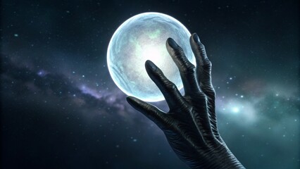 Wall Mural - alien hand holding a glowing moon or orb in space. represents extraterrestrial life and fantasy