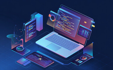 futuristic isometric it infrastructure with laptop, smartphones, tablets, and servers visualizing da