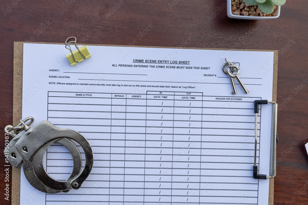 Crime Scene Entry Control: Log Sheet in Clipboard with Handcuffs on ...