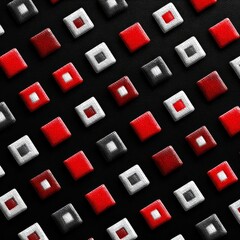 Fototapete - Abstract Composition of Textured Squares in Red, White, and Black on a Dark Background