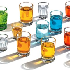 Poster - Colorful Array: A Captivating Still Life of Shot Glasses Filled with Vibrant Liquids, Enhanced by Striking Shadows on a Clean, White Surface