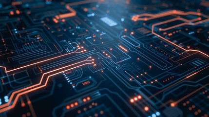 Wall Mural - illuminated circuit board: an intricate and stunning macro view of a complex circuit board, its path