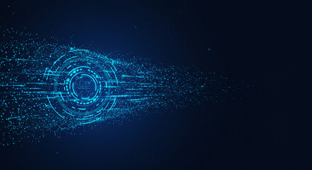 Wall Mural - a glowing blue circular design with radiating lines and particles on a dark blue background space ef