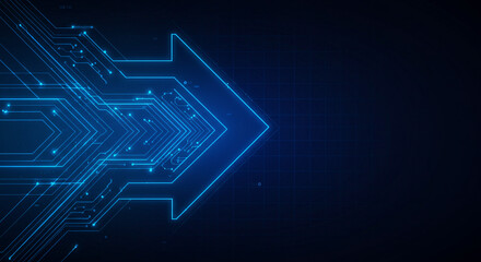Wall Mural - a digital arrow pointing right with circuit board pattern on a dark blue gradient background space