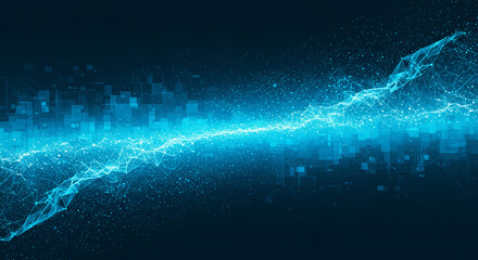 Wall Mural - abstract blue network with connected dots and lines forming a wave over geometric shapes background