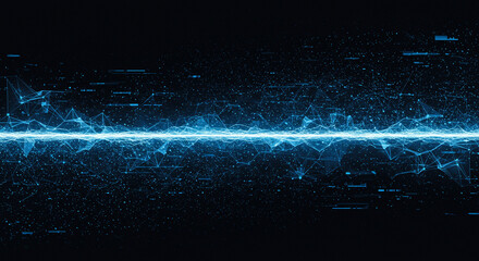 Wall Mural - A digital landscape with a bright blue horizontal line and connecting polygons on a dark background
