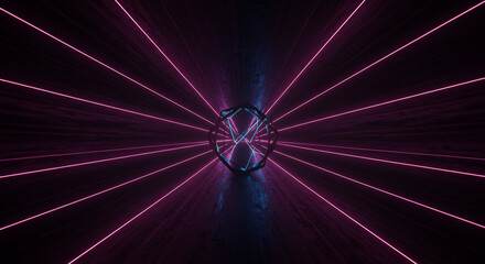 Wall Mural - a futuristic scene featuring a glowing geometric sphere and radiant pink laser beams converging on i