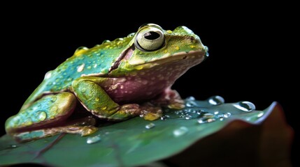 green frog sits on a leaf dark background