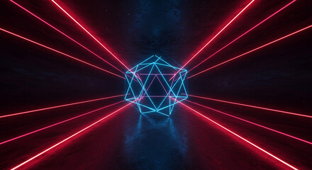 Wall Mural - a futuristic scene featuring a glowing blue geometric shape with red laser beams on a dark backgroun