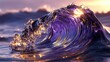 © hongzhi - Hyper-realistic liquid metal waves with reflective surfaces, in purple and gold color, movie-level lighting effects, and high-detail 3D rendering, showing the Behance popular style.