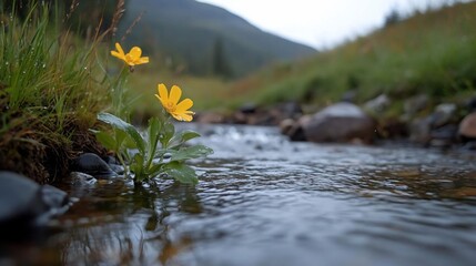 Poster - Close-up shot of vibrant yellow wildflowers growing along a flowing stream with mountain backdrop. Focus on water droplets and natural textures