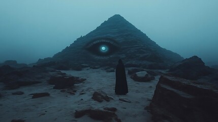 Poster - Mysterious underwater scene featuring a pyramid with a glowing eye a dark figure standing before it and textured surroundings lit by muted cool tones