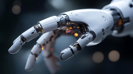 Poster - Close-up of a mechanical robotic hand reaching out against a blurred background. The hand is white with metallic details and illuminated inner workings creating a futuristic atmosphere
