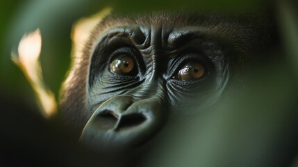 Poster - Close-up portrait of a primate with intense gaze through green foliage with selective focus. The primate's eyes are brown and captivating against the blurred green backdrop
