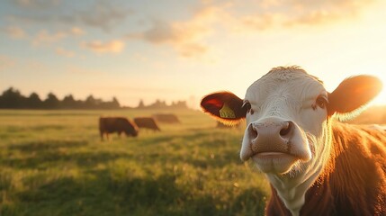 Leinwandbilder - A close-up of a cow in a field at sunset with other cows in the background bathed in warm golden light a tranquil scene of rural life