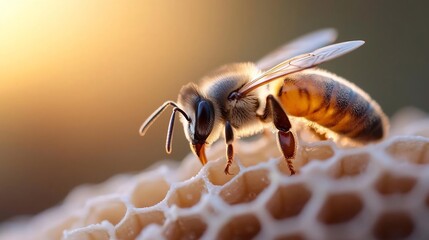 Poster - Close-up shot of a honey bee on a honeycomb bathed in warm sunlight. The bee is in sharp focus with detailed textures and the background is softly blurred