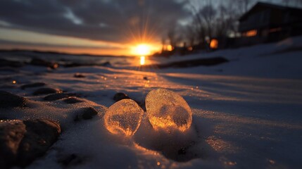 Poster - Close up shot of two ice formations with a golden sunburst setting over a snowy beach landscape creating a warm light and atmosphere