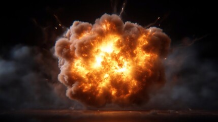 Poster - A powerful explosion visualized with vibrant orange flames dense smoke and scattered sparks against a dark backdrop creating a dynamic scene
