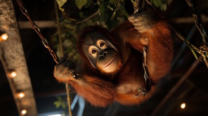 Poster - An ape hangs from a branch with a gentle smile warm lighting creating a sense of intimacy a dark background with soft lights and lush green foliage