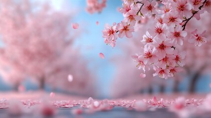 Aufkleber - Close-up of blooming pink blossoms with soft focus on petals falling from branches against a blurred backdrop of similar trees and a pale blue sky