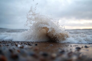 Aufkleber - Close-up view of a wave crashing onto a pebble-covered beach generating splashing water under cloudy sky. Captures the natural coastal scene with the focus on water movement