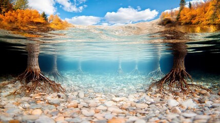 Leinwandbilder - Underwater perspective of a riverbed featuring submerged tree roots clear blue water and a pebble-strewn bottom. Autumn foliage lines the banks under a bright sky