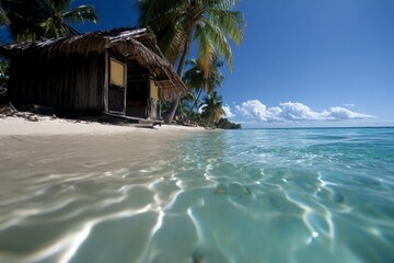 Aufkleber - Generic tropical beach scene with clear turquoise water a wooden hut under palm trees and a bright blue sky. The foreground shows the water's surface with sunlight reflections
