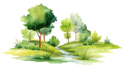Wall Mural - a serene watercolor landscape featuring lush green trees and gentle hills, creating a peaceful, natu