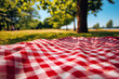 © PhotoLuxeStudio - Red gingham picnic cloth on grass under tree in sunny park