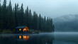 © predator - Cozy Cabin On A Misty Lake At Twilight