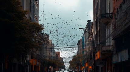 Poster - A street full of birds in a city taken over by nature