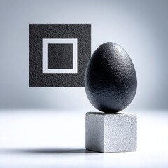 Poster - Abstract Still Life: A Black Textured Egg on a Concrete Cube with a Floating Square Frame
