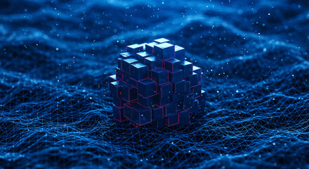 Wall Mural - a cluster of dark blue cubes with red outlines on a blue network with small white particles around i